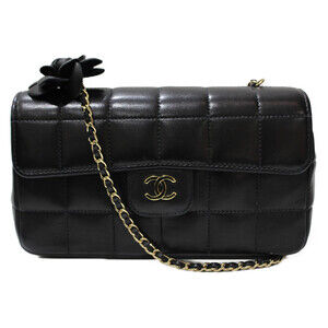 Chanel Chocobar Chain Shoulder Bag Black Lambskin Camellia Card